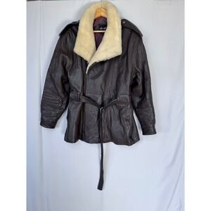Vintage Clout Dark Brown Leather Removable Shearling Collar Aviator Jacket Large